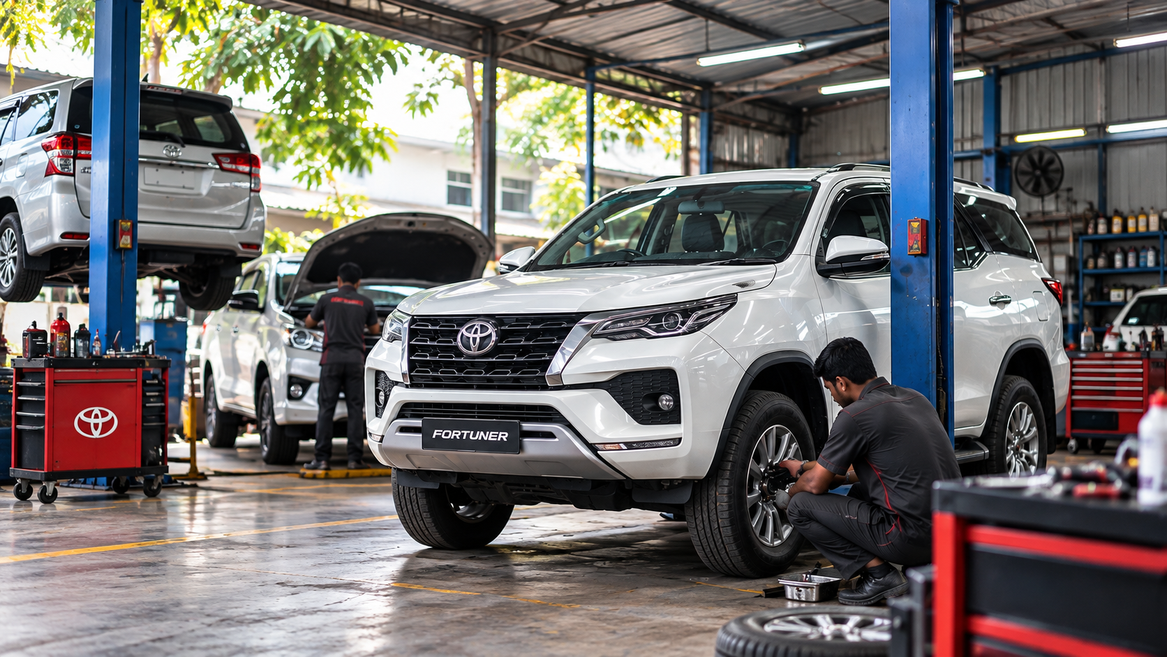 Toyota cars being serviced inside the Lins Toyota Services workshop in Madipakkam, Chennai